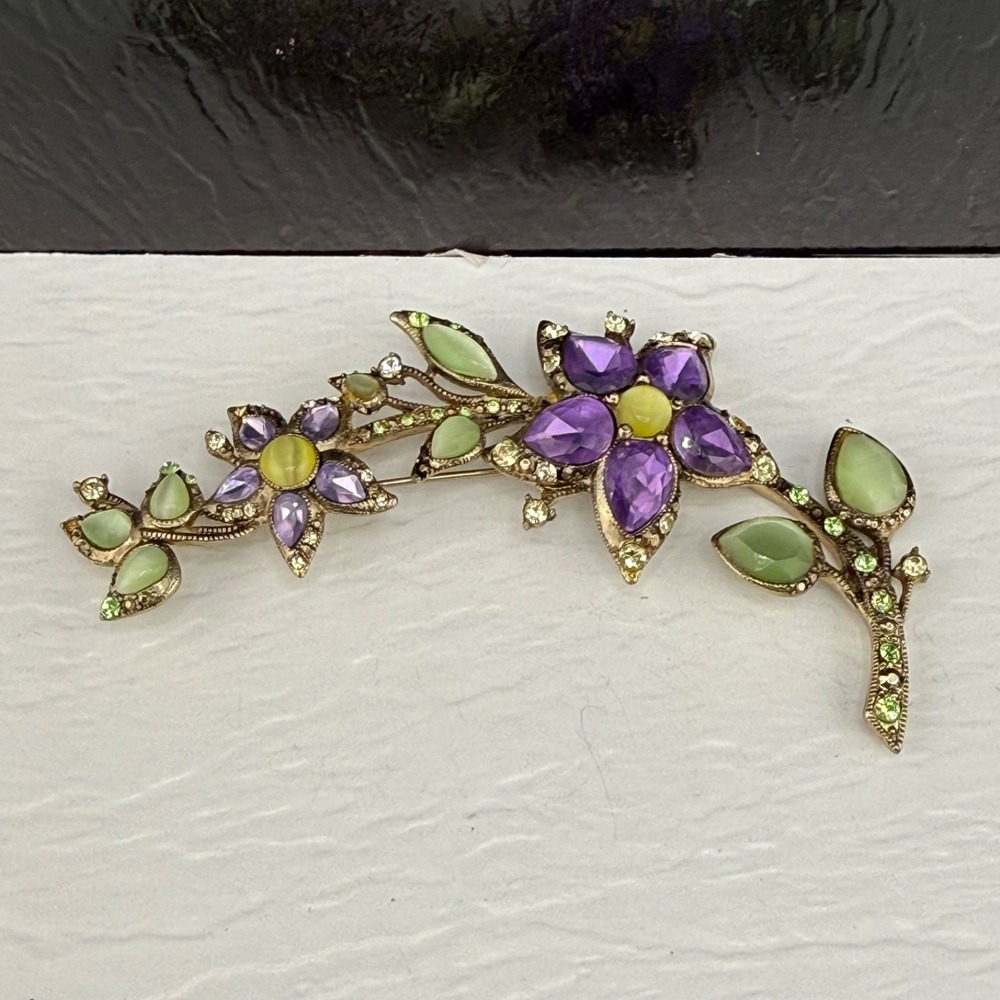 Vintage Monet Flower Brooch Gold Tone Purple Rhinestone Signed